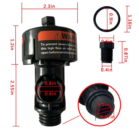 HJSIUTV high-flow air relief valve for pool filter; black plastic body with orange label, front view, 0.8in outlet