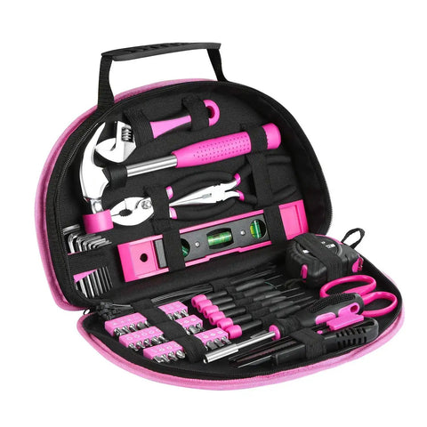 Pink 89 Piece Ladies Hand Tool Set With Easy Carry Round Pouch For Do It Yourself Home Maintenance And Dorm Room Repairs Girl Friendly Tool Kit For Everyday Projects displaying organized tools in pouch.