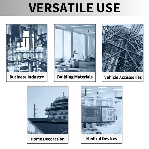 Collage showing versatile use categories: Business Industry, Building Materials, Vehicle Accessories, Home Decoration, Medical Devices.
