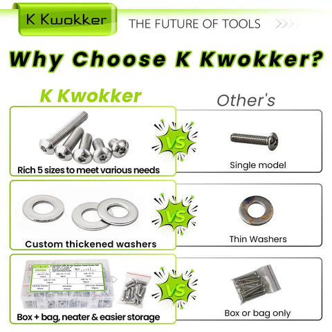 Comparison chart of K Kwokker versus others for Pro Grade Stainless Steel 304 3/8-16 Bolt And Nut Set With Washers Full Thread hardware kit.