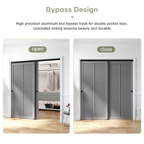 6 Ft Double Pocket Door Bypass Hardware Kit For Closets Aluminum Wardrobe Bypassing System With Quiet Ball Bearing Roller Slides Smooth Operation Easy Install Black Finish installed in open and closed views.