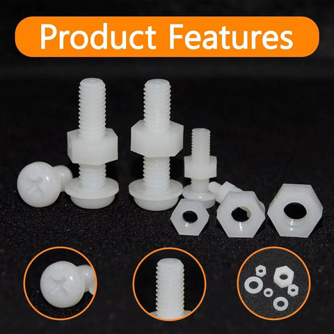 All In One White Nylon Pan Head Screws And Nuts Kit With Washers shown with bolts, washers, and nuts visible