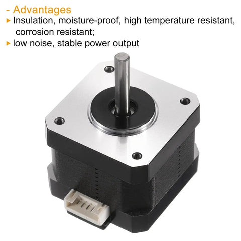 Nema 17 Stepper Motor 42x42x34mm Bipolar 2 Phase 1.3A 3.1V 0.28Nm with connector, showcasing advantages like low noise and stability