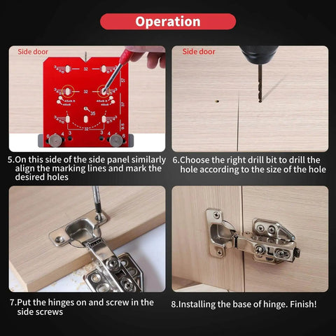 Universal Cabinet Hinge Jig With 35mm Drilling Guide in use for aligning and drilling hinge holes in a wooden cabinet door