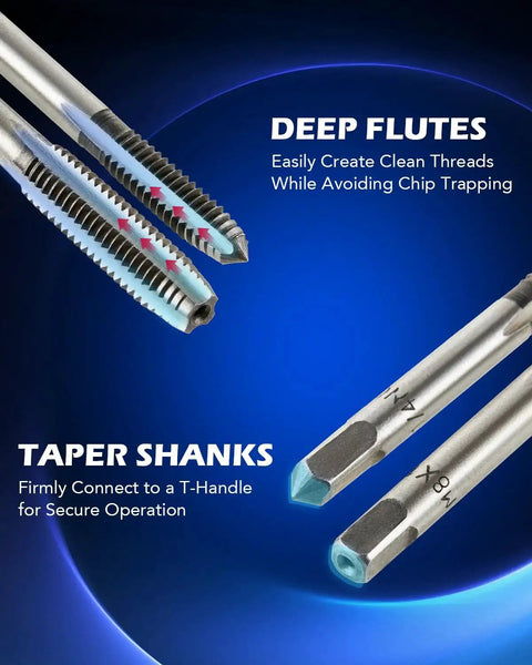 Close-up of deep flutes and taper shanks in All In One 80 Piece Tap And Die Set For Internal And External Threading by Orion Motor Tech.