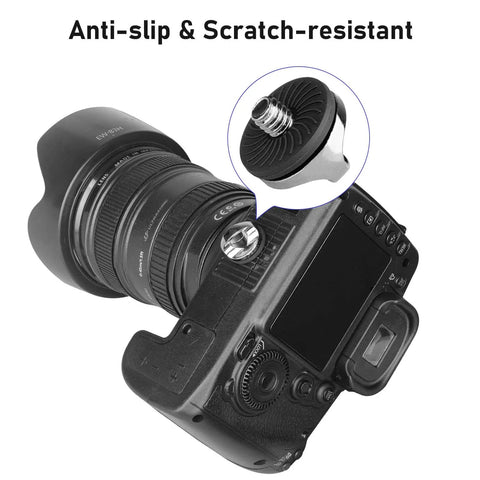 Two Pack Thumb Screw Quick Release Adapter With Four Rubber Washers One Quarter Inch Male To One Quarter Inch Female Thread L Bracket Mount attached to camera.