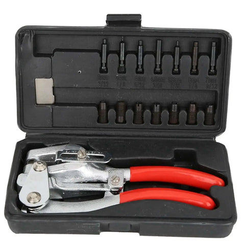 Hand Held Hole Punch Kit For Steel And Metal With Adjustable Depth Pliers in protective case, showing tools and interchangeable heads.