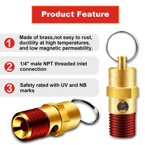 Two brass air compressor pressure relief valves with red threaded ends, 1/4'' male NPT inlet