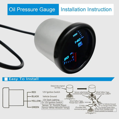 7 Color LED Backlit Oil Pressure Gauge 0-140 PSI 52mm 2 And 1 16 Inch Dial With Sensor, installation instruction visible