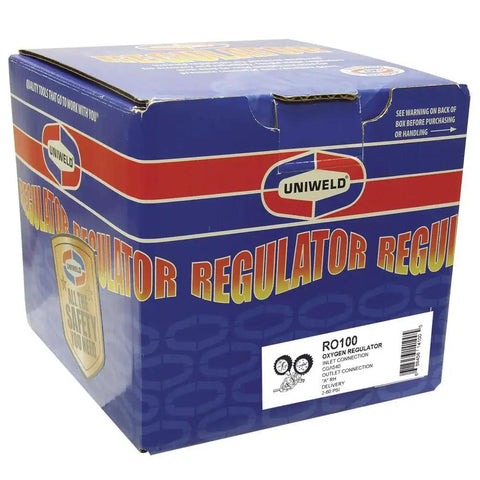 Centurion Series Oxygen Regulator RO100 packaging with A outlet connection and 540 CGA inlet for welding and medical systems.