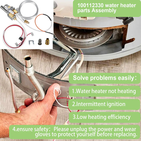 Water heater parts assembly with thermopile upgrade; gas valve and wiring kit; compatible with Whirlpool 300/301 and other brands.