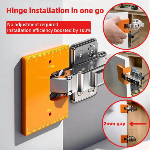 Quick-Install Cabinet Door Hinge Adjustment Tool Kit Magnetic 2mm Gap Alignment Jig shown on cabinet door