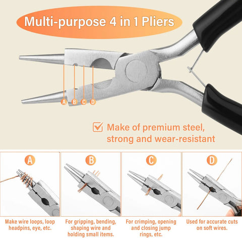 Copper Wire Jewelry Making Kit With 164ft Of 0.6mm Bare Copper Wire And 4 In 1 Pliers For Beading And Crafting Supplies. Multi-purpose 4-in-1 pliers with gripping, bending, and cutting features.