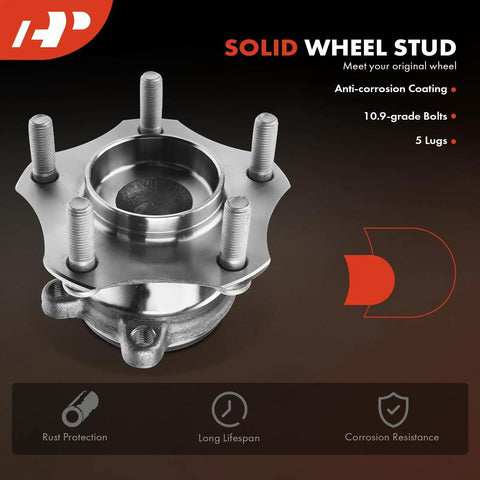 Two Pack Rear Wheel Bearing And Hub Assembly With 5 Lug Compatible With Mazda 3 2014 2015 2016 2017 2018 High Load Ball Bearing For Smooth Quiet Ride And Easy Replacement, showing a 5-lug rear wheel hub assembly with anti-corrosion coating.