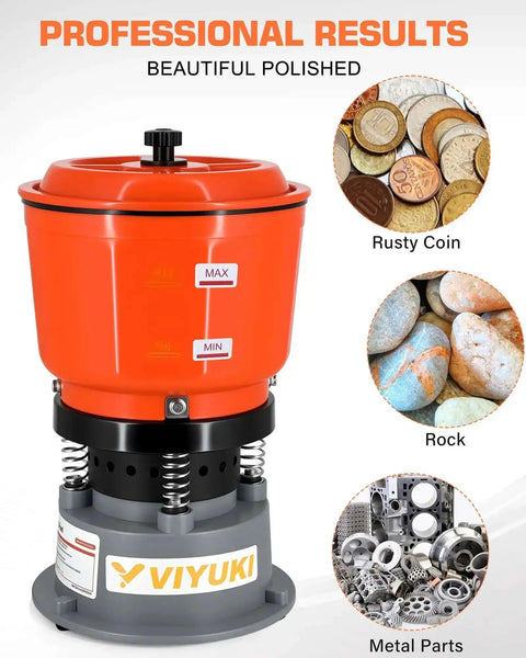 9Lbs Vibratory Tumbler Polishing Machine For Rocks And Metal Parts With 3Lb Walnut Shell Media, shown with polished coins, stones, and metal parts