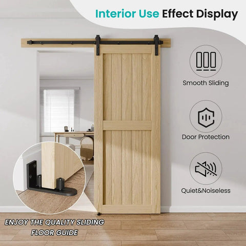 Adjustable Sliding Barn Door Floor Guide With Flat Bottom Design In Black shown installed on wooden door for smooth operation.