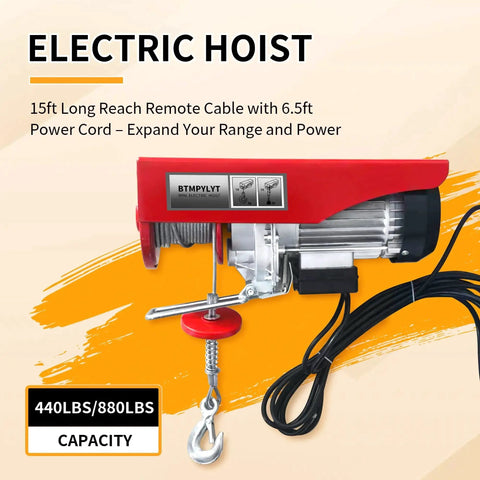 Electric hoist winch, red side view with hook and chain, 880 lb capacity, wired remote