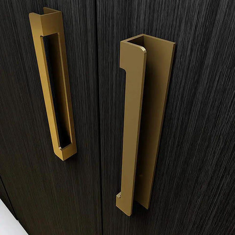 Brass gold self-adhesive edge fingerpull door handle set 2 pack on dark wood, no screws required, peel and stick installation