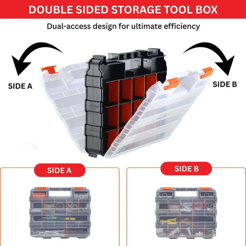 Image showing a 34-Compartment Double Sided Tool Box Organizer With Removable Dividers For Screws Nuts Suts open, displaying compartments