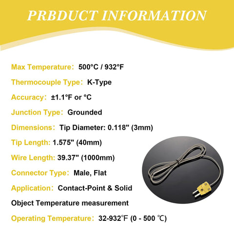 Yunsailing K-Type thermocouple probe, metal tip with flat mini connector, 0–500°C, 3 pcs