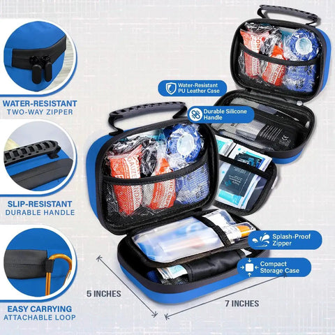 Open Pet Medic First Aid Kit with 95 piece vet approved medical supplies for dogs and cats in a compact blue bag showing storage pockets