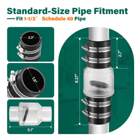 Silent check valve for 1-1/2 inch pipe with Buna-N couplings and spring-loaded flapper; includes steel clamps