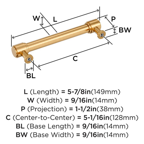 Diagram of Faircrest Champagne Bronze Cabinet Pull with 5-1/16 inch spacing and dimensions for transitional decor.