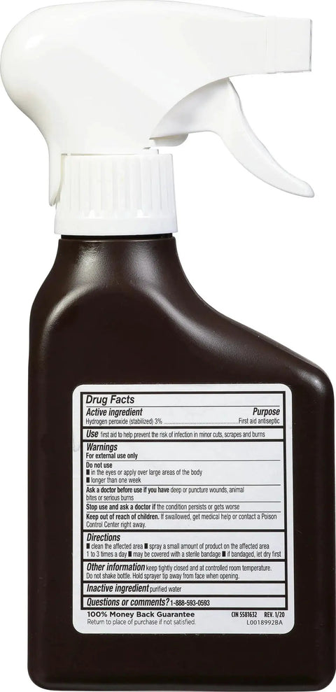 Back view of Hydrogen Peroxide First Aid Spray 3 Percent Solution For Home Disinfection And Minor Wound Care From Leader 8 oz bottle