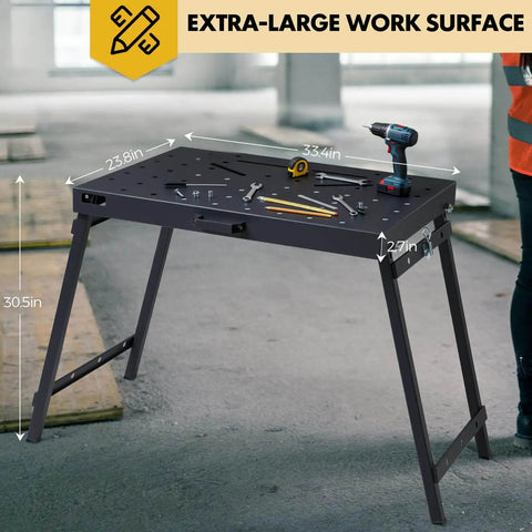 Foldable Welding Table Work Bench With 1000 Lbs Capacity Heavy Duty Steel Construction Pro Grade Portable Weld Table Featuring 0.63 Inch Fixture Holes Spaced 2.6 Inches For Precise Clamps Jigs And Fixturing In Welding Assembly And Repair
