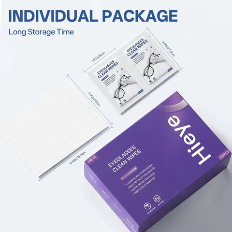 Packaging of Pre-Moistened Lens Wipes For Glasses Cameras And Screens Scratch-Free, showing individual packets and box dimensions.