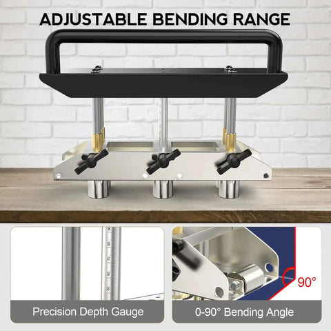 Heavy Duty Adjustable Rebar Bender With Three Station Edge Roller for 0 to 90 Degree Bends, aluminum handle, bending range details.