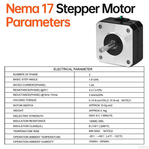 10 Pack Nema 17 Stepper Motors 1.8 Degree Bipolar 2 Phase Beefy Torque 0.13Nm with electrical parameters chart