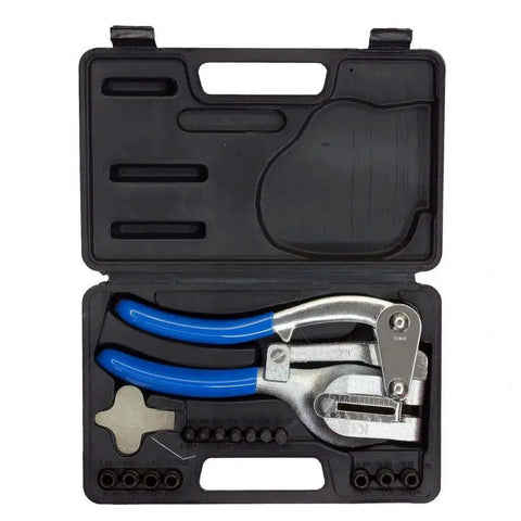Beefy Heavy Duty Metal Punch Plier With Compound Action And Hardened Dies, Punch Sizes 3 32nd Inch to 9 32nd Inch, in carrying case