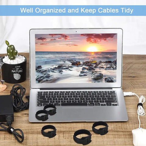 Laptop with 60 Pack Reusable Cable Ties 6 Inch Adjustable Cord Straps Wire Organizer Hook Loop Cable Management on desk