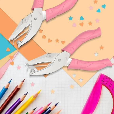 Two Piece Heart and Star Handheld Hole Punch Set with pink handles for crafting and scrapbooking, shown with colored pencils and paper.