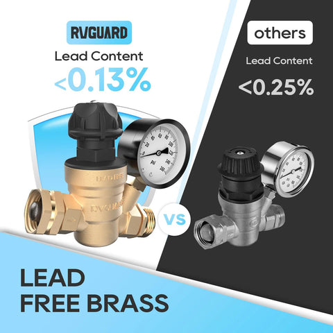 RVGUARD lead-free brass RV water pressure regulator with gauge and adjustable knob for RV camper trailer