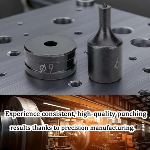 Square Hole Punch Die Set For CH-70 Hydraulic Punching on metal workbench, rugged alloy steel, 10x10mm size for precise holes
