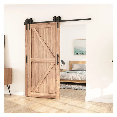 Antique Style Bypass Sliding Barn Door Hardware Kit With Black Top Mounted Tracks And Rollers for double doors in bedroom