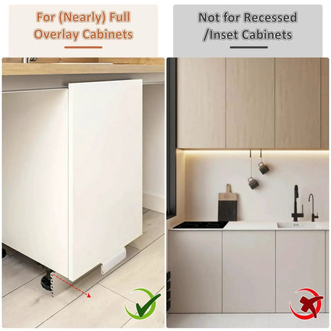Comparison of full overlay and recessed cabinets with Hands Free Cabinet Foot Pull for trash cans and doors universal mounting kit.