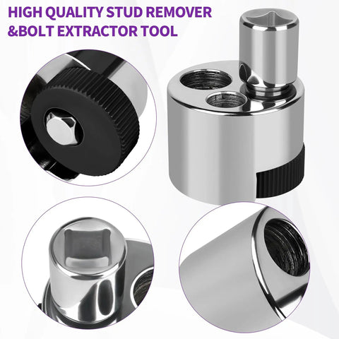 Stud remover and bolt extractor tool, chrome body with knurled black grip and cam lock; 1/4–3/4 in range.
