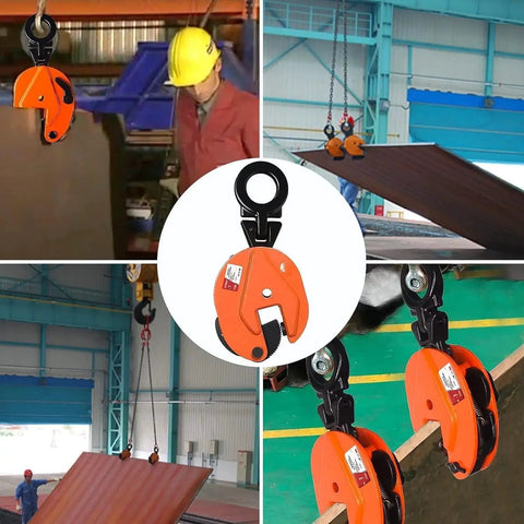 Multiple views of Plate Lifting Clamp 1 Ton With Point Six Inch Jaw Opening For Steel Plates in action at construction sites.