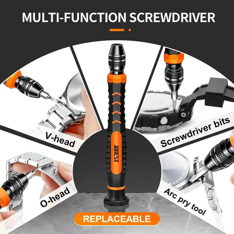 All In One Watch Repair Kit Pro Grade Gear For Battery Swaps Strap Adjustments Case Opener And Back Cover Link Remover. Multi-function screwdriver with replaceable bits and different heads showcased.