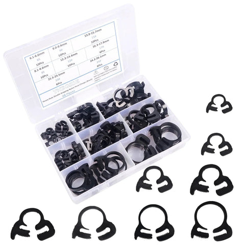 Heavy Duty Ratcheting Hose Clamp Set 6.1 To 26.1 Mm Adjustable Nylon Plastic Double Snap Grip 8 Size Kit With 68 Pieces