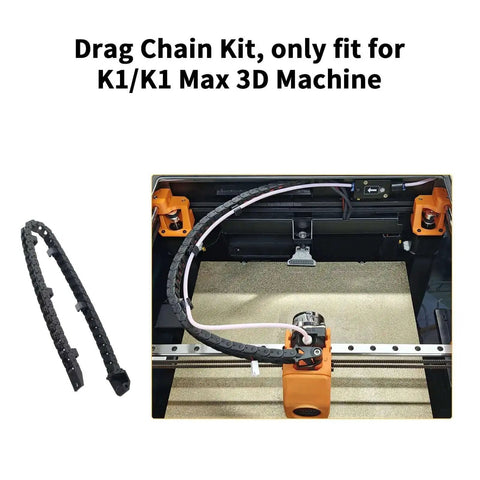 K1 Max Drag Chain Cable Carrier for 3D Printers installed on machine, showing open-type black flat cable chain for clean cable management.