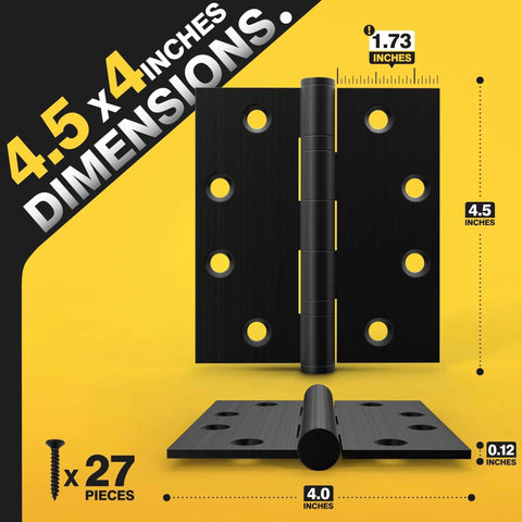 Ball Bearing Door Hinges 4.5 By 4 Inches Matte Black Square Corner 3mm Thick Non Removable Pin No Squeak With Permanently Lubricated Bearings For Ultra Smooth Operation On Heavy Doors Pack Of 3 showing dimensions