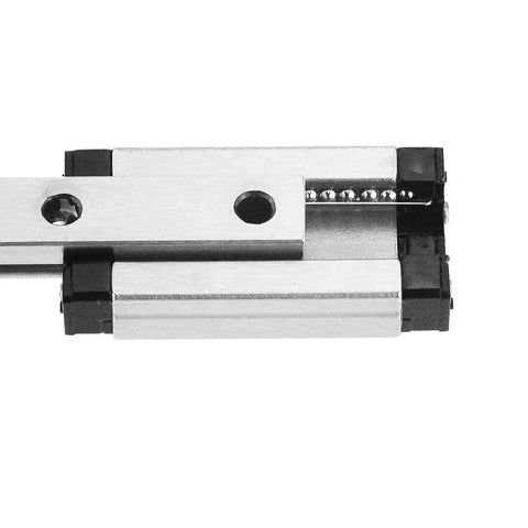 Close-up of 300mm MGN9 Linear Sliding Rail Guide with MGN9H Carriage Block for 3D Printers and CNC Machines, smooth bearing steel rails.