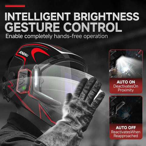 Welding Helmet With Panoramic 180 Degree View And True Color Auto Darkening, featuring intelligent brightness gesture control