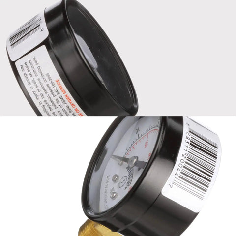 Side view of 2 Inch Dial Dry Pressure Gauge with Brass Internals and Black Steel Case, bottom mount, dual scale 0 to 100 Psi and kPa.