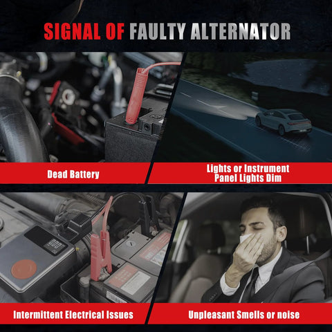 Signal of faulty alternator with symptoms like dead battery, dim lights, electrical issues, and unpleasant smells