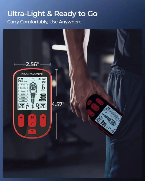 Two red KingPavonini 3-in-1 TENS/EMS units with LCD screens and red-black casing (front and angled views).